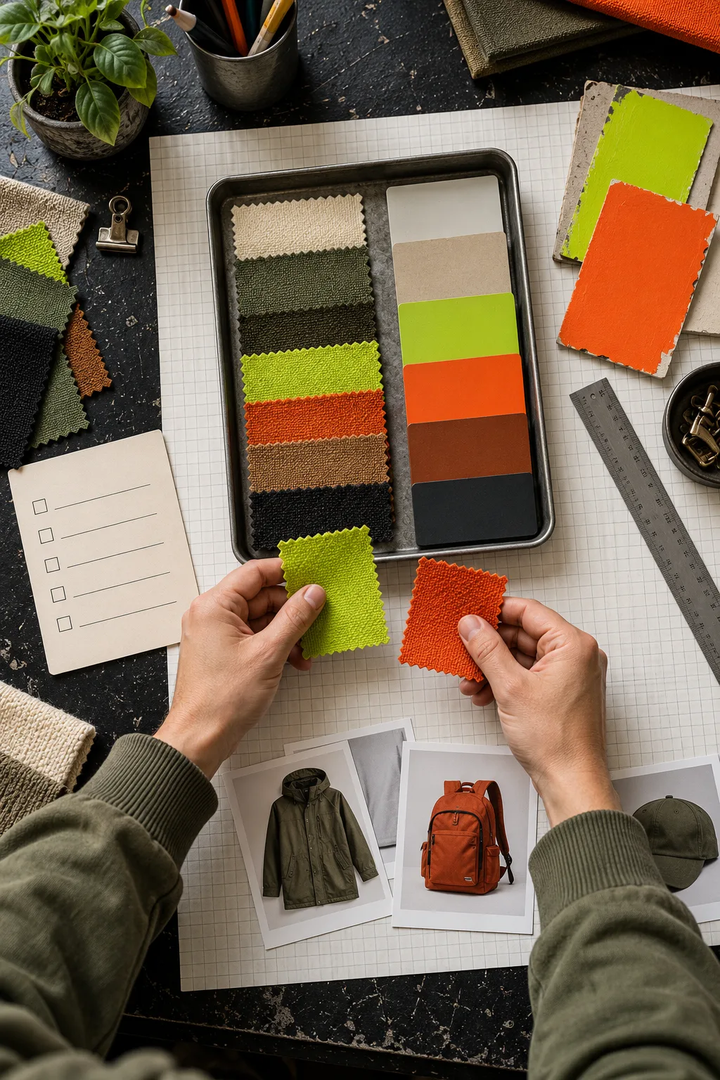 Fabric samples and color chips used to choose product swatches