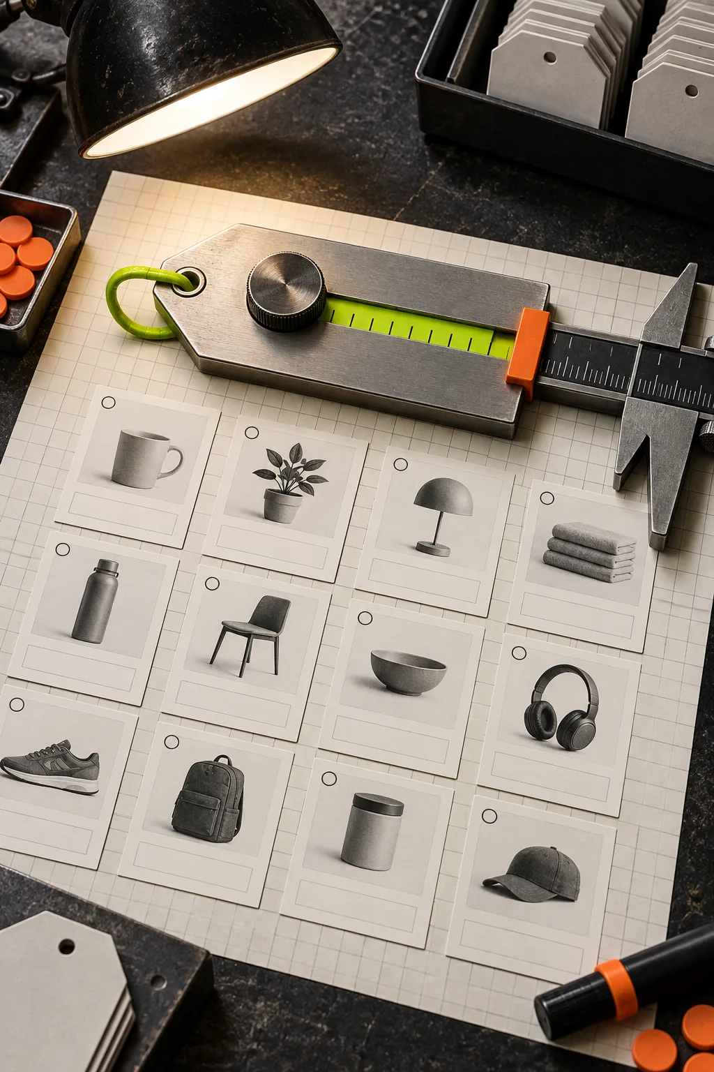 Caliper and product cards representing one controlled catalog change