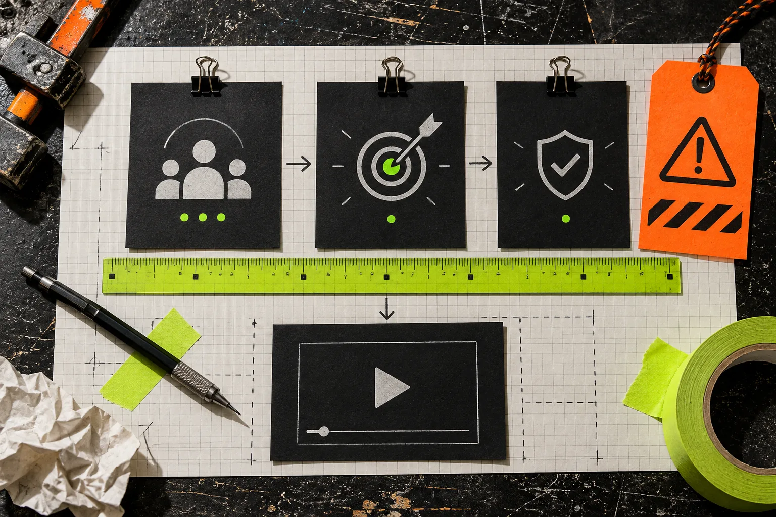 A three-card video brief on a field-manual workbench