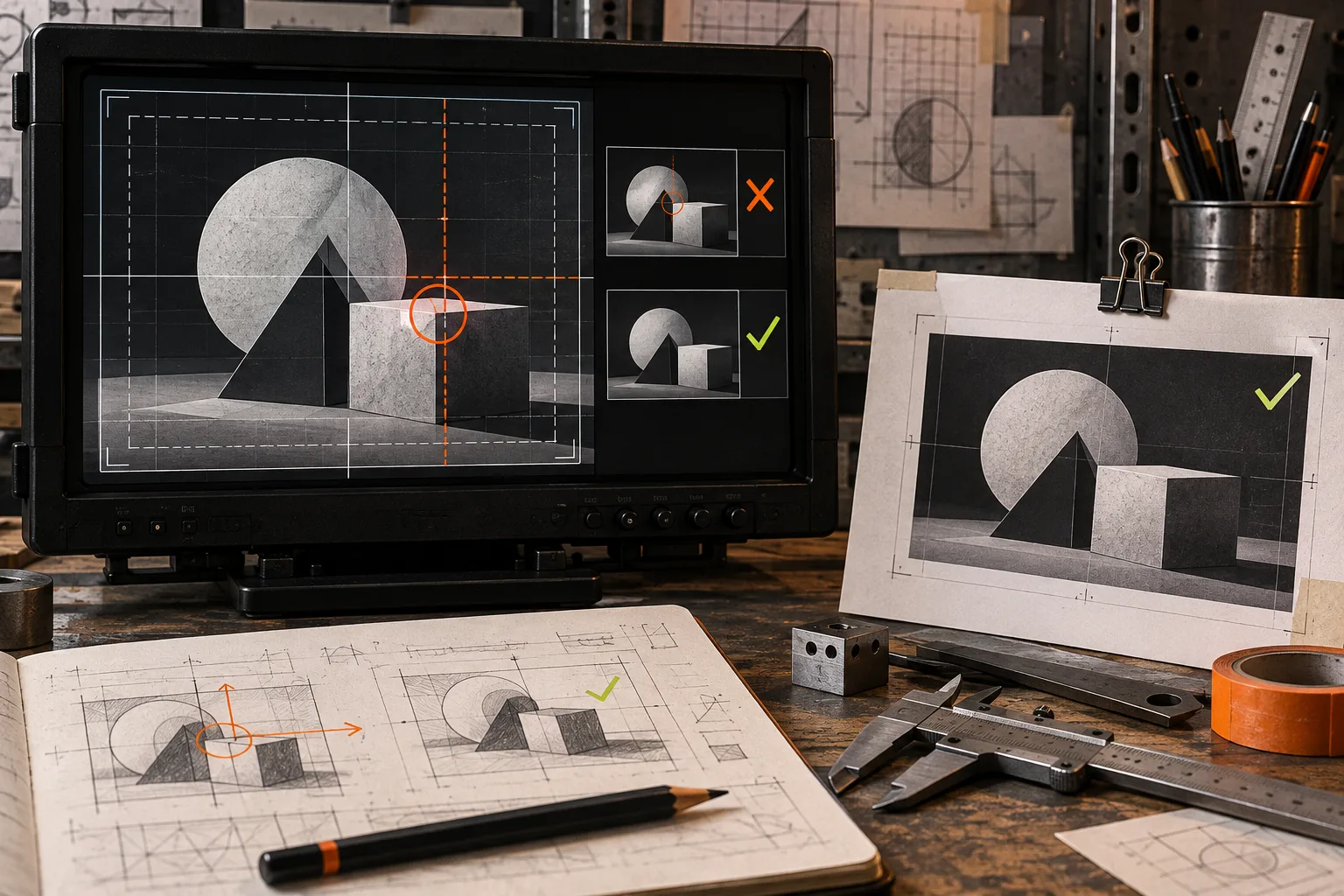 A motion-graphics frame being checked with an alignment grid