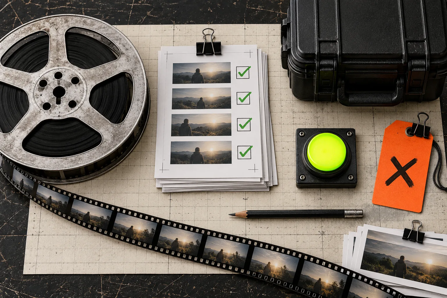 A release checklist beside a film reel