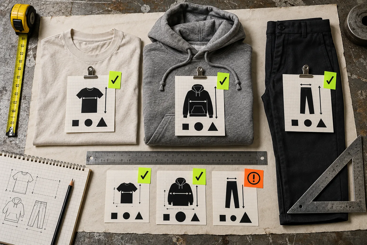 A fit-family audit with garments and measurement cards