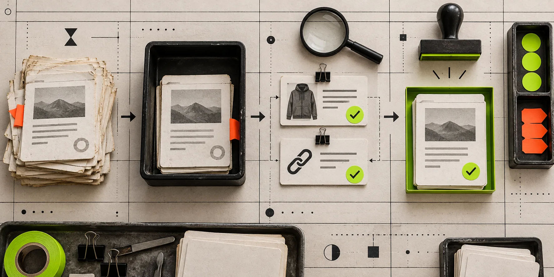 Physical workflow board showing article audit, refresh, and republish stages