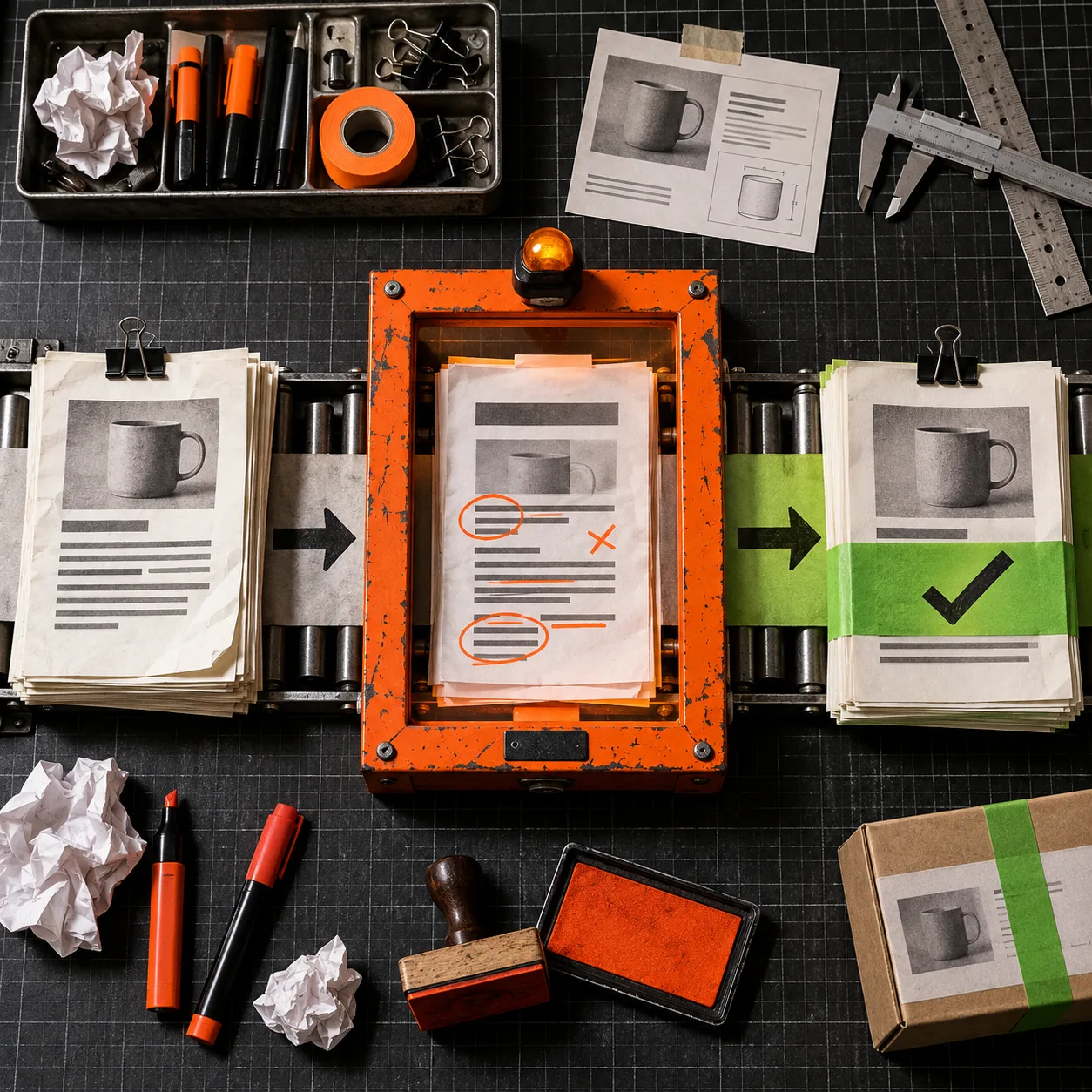 Automated blog draft moving through a human review checkpoint