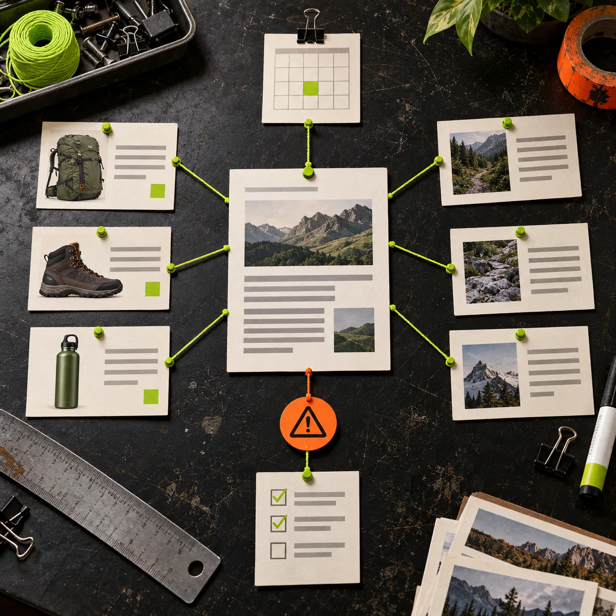 Product cards and supporting articles connected to one blog post