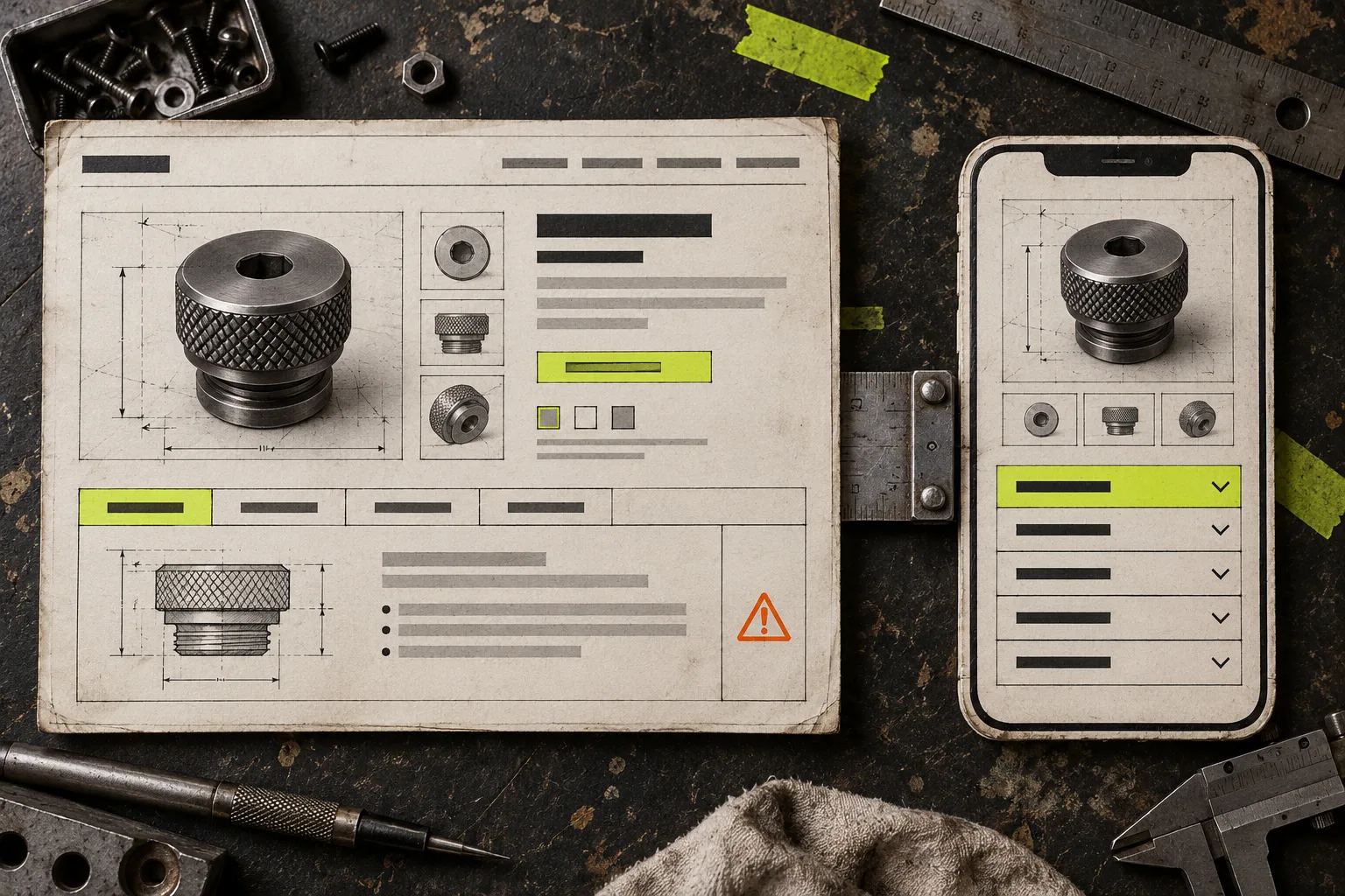 Desktop tabs and mobile accordions shown as parallel product-page layouts