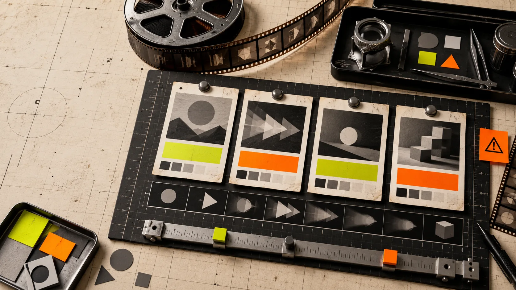 A tactile launch-video review board with film and inspection tools