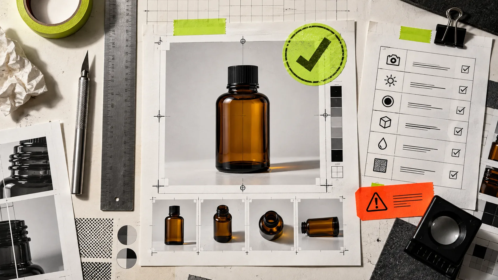 Product photo inspection checklist with focus, edges, color, and lighting checks