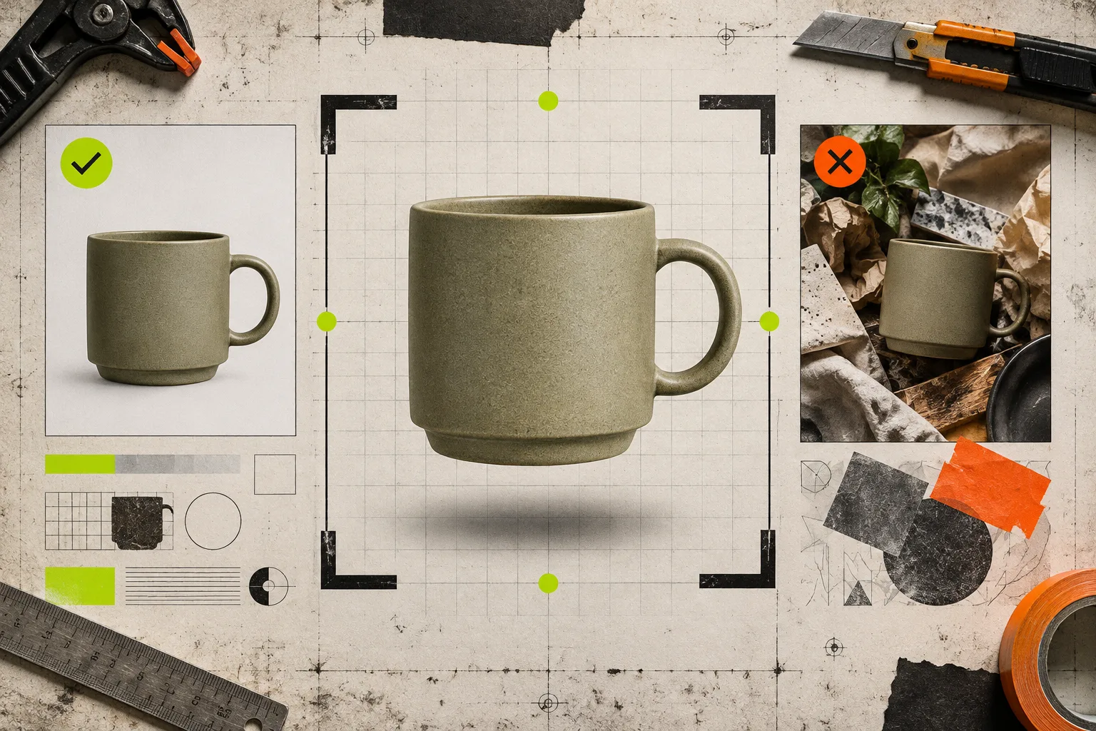 Isolated product asset over a grid for preparing AI lifestyle scenes