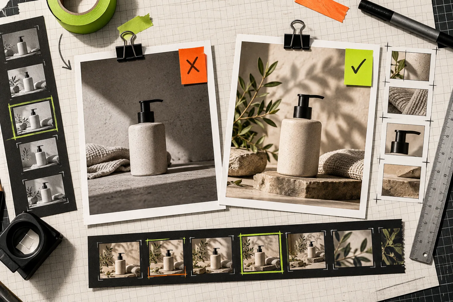 Product photo approval tray showing source and final scene review