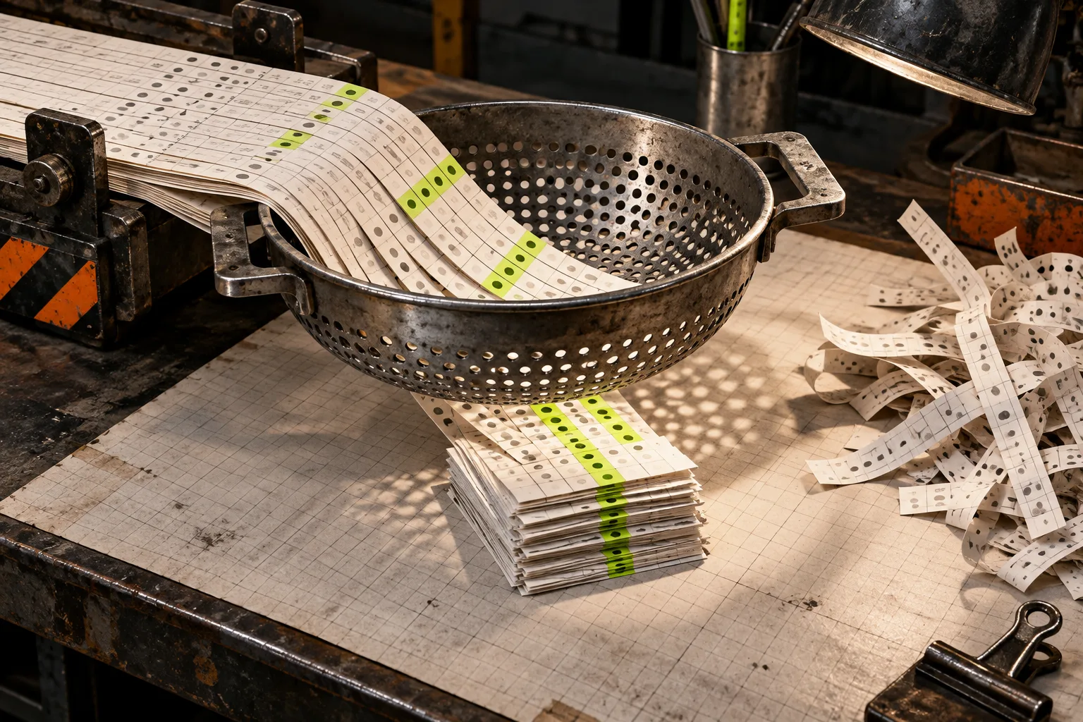 Paper data rows filtered through a metal sieve