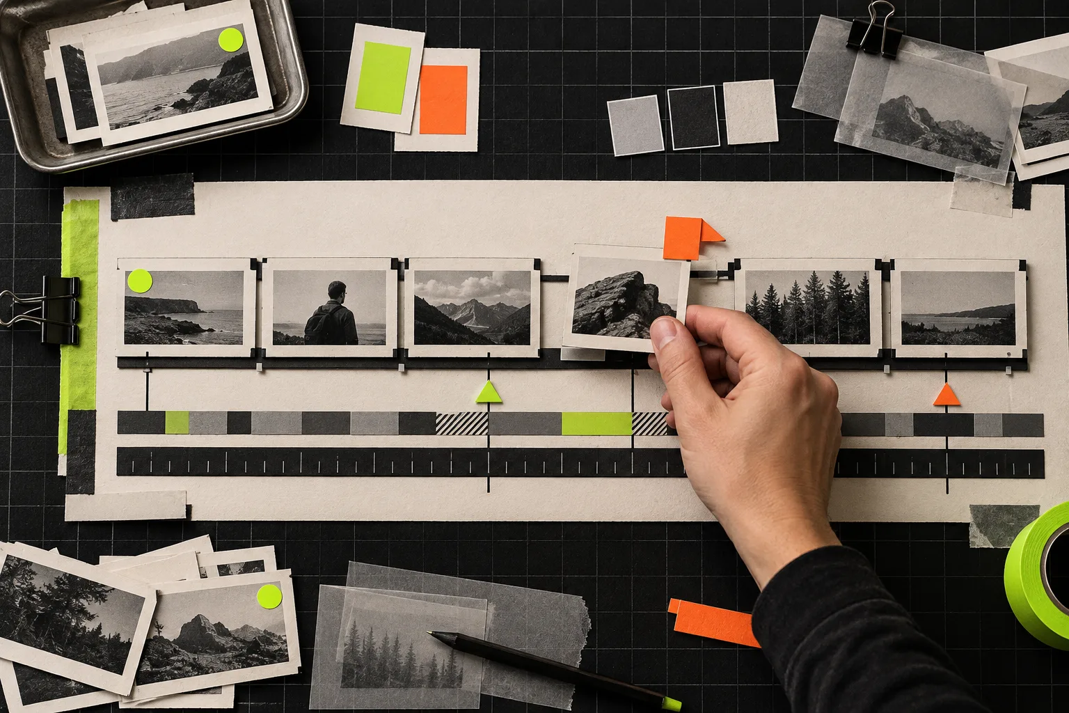 Movable scene cards show an editable video timeline