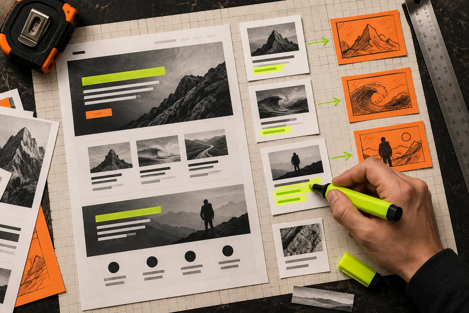 Website evidence cards arranged on a technical workbench